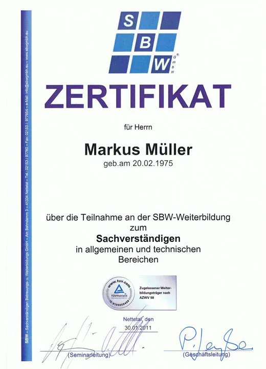 Zertifikat Sachverständiger
